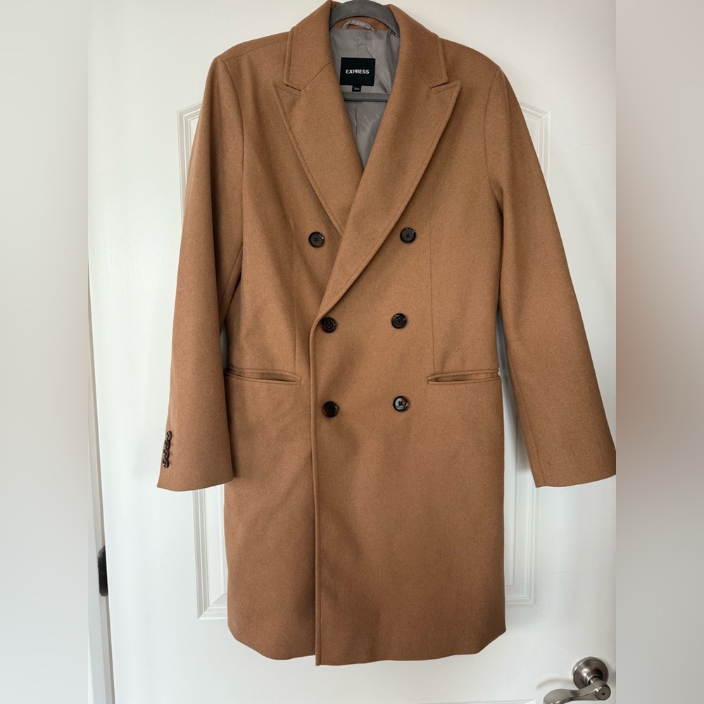 Express Men’s Camel Wool-Blend Double-Breasted Topcoat | Size Small